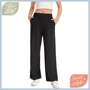 Wide Leg Pull On Pants Stretchy Work Slacks Business Casual Trousers